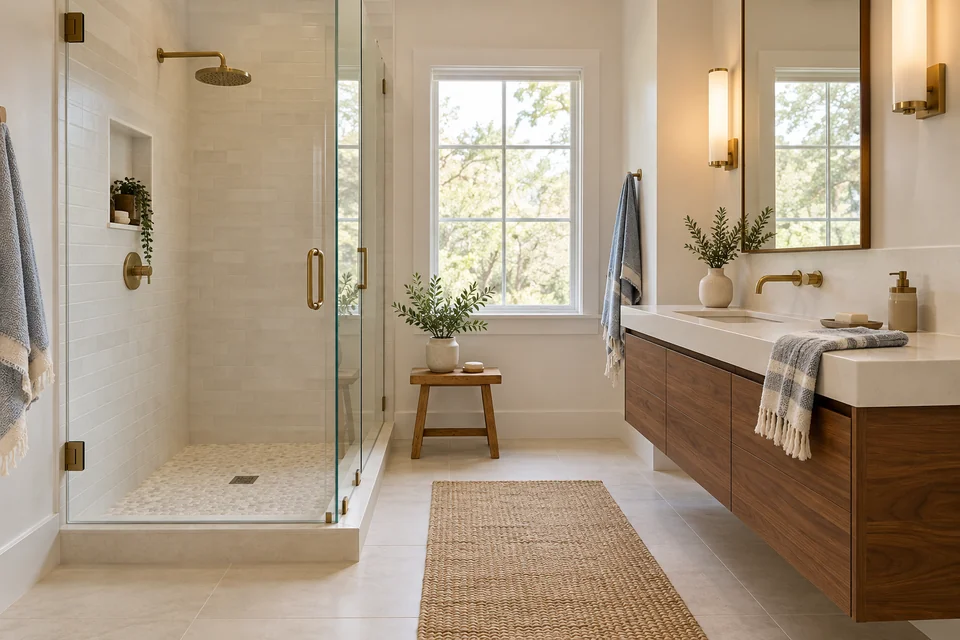 Bathroom with glass shower and walnut vanity