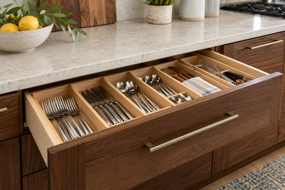 Organized cabinet drawer and countertop detail