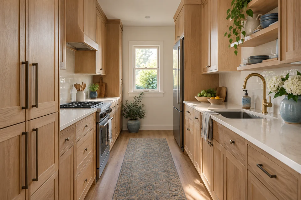 Compact oak kitchen with organized storage