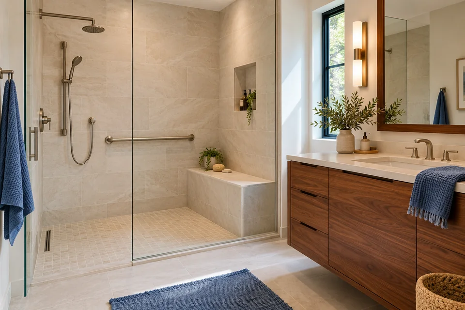Illustrative walk-in shower with seating and support bars