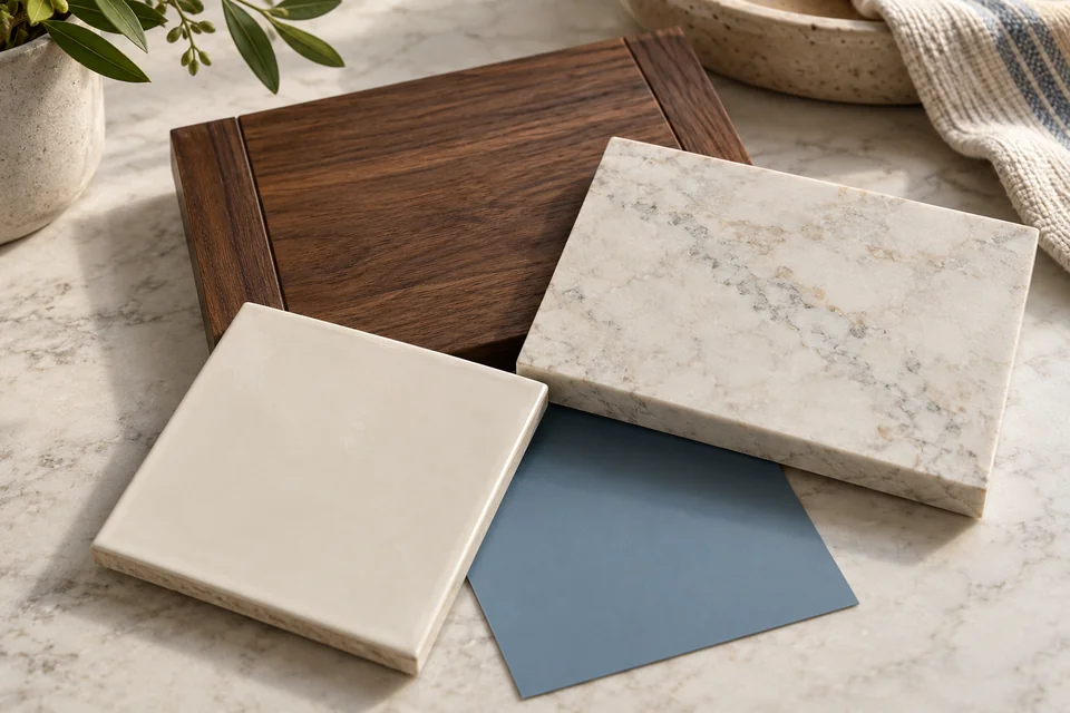Tile, stone and walnut finish samples