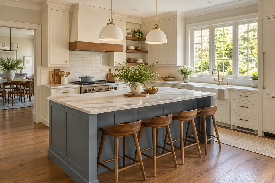 Ivory kitchen with muted blue island and walnut accents