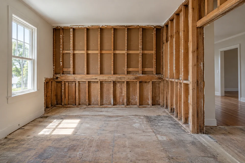 Dry unfinished kitchen with exposed framing awaiting professional assessment